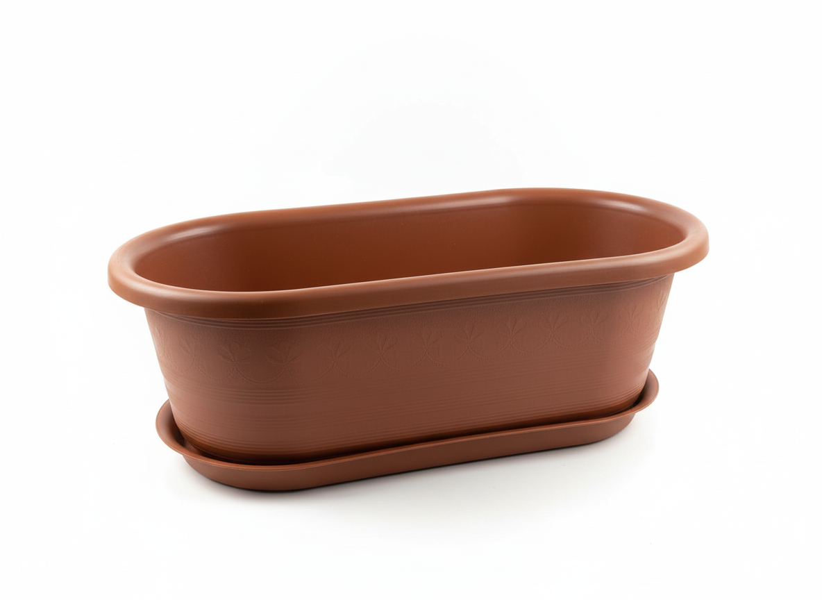 أصيص زرع بلاستيكي بيضاوي بلون فخاري مع صحن