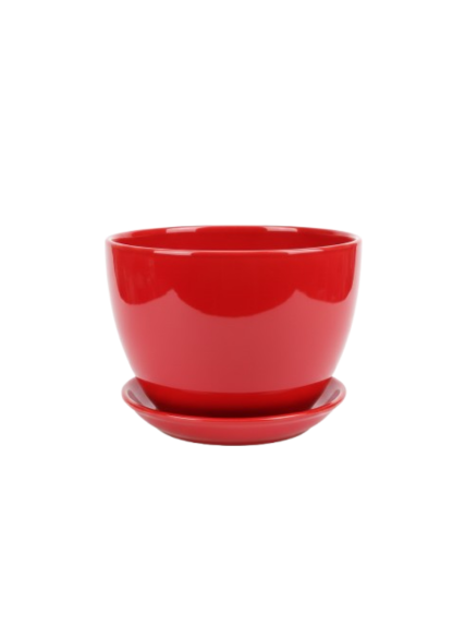 قوارة سيراميك مزججة مع صحن لون احمر حجم وسط